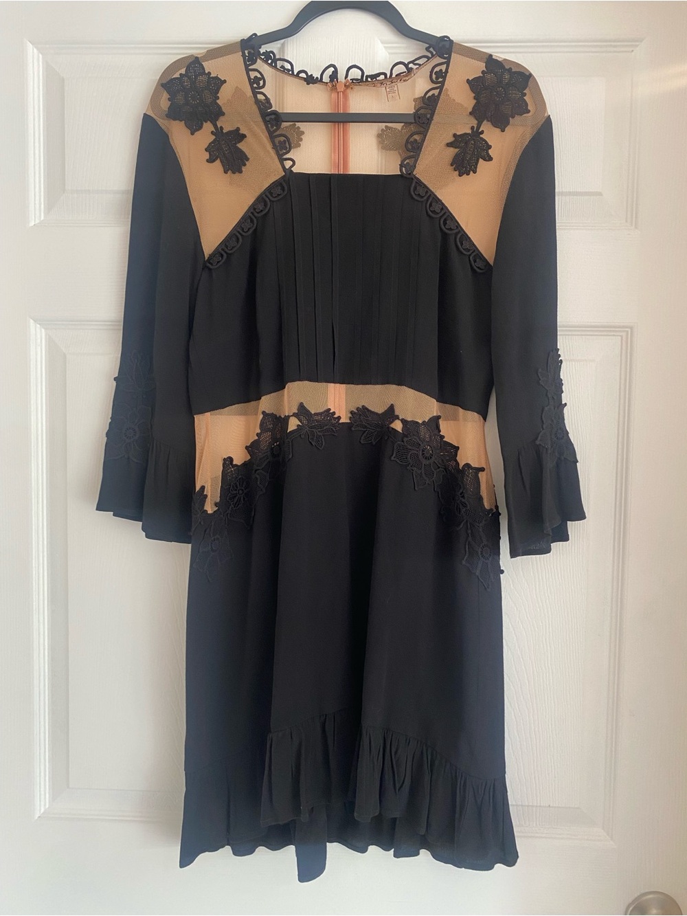 For Love And Lemons Black and Nude Lace-Inset Long Sleeve Dress